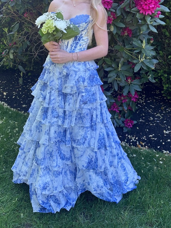 Sherri Hill Dresses & Skirts - Sherri Hill 57250 Strapless Blue Toile Ruffle Prom Gown.